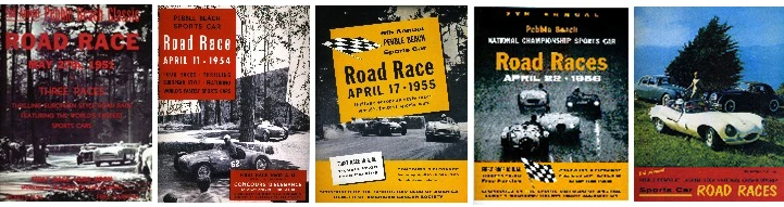 Early posters advertising the Pebble Beach Concours d'Elegance and the Sports Car Club of America's (SCCA) annual "Del Monte Trophy" road races run over a 2.1 mile course on the narrow tree-lined public roads of Pebble Beach between 1950 and 1956, with the final poster at right advertising the first event at Laguna Seca in 1957