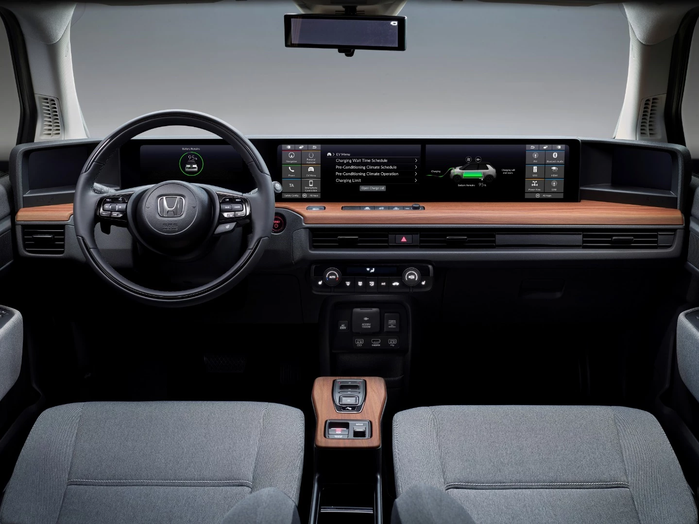 Five neatly integrated high-resolution color screens occupy the entire width of the Honda e's dash