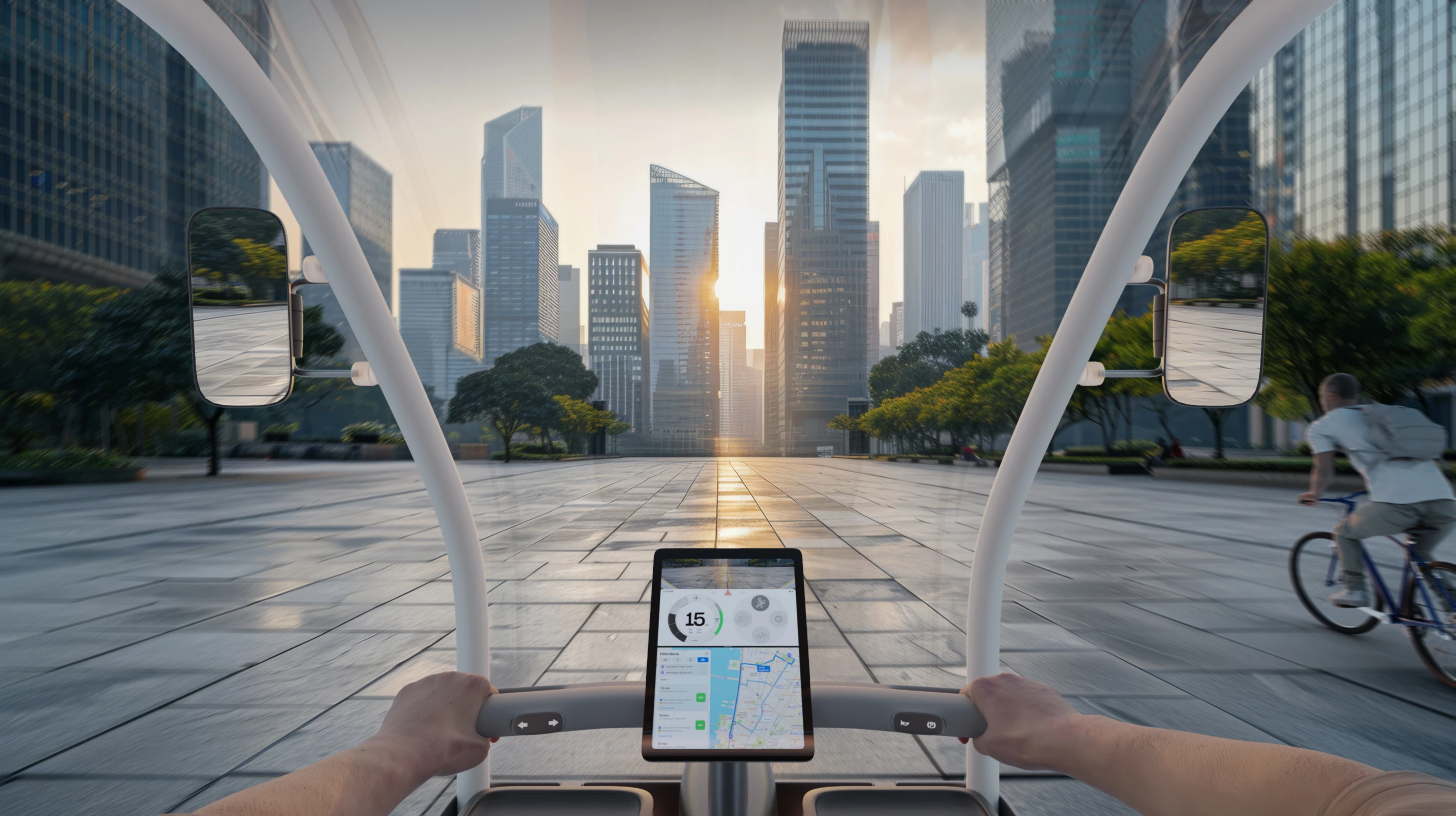 A tablet-like interface offers navigations, ride stats and scheduling info