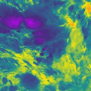 Infrared image of a thunderstorm taken from the NOAA-20 satellite, with the coldest sections seen in purple