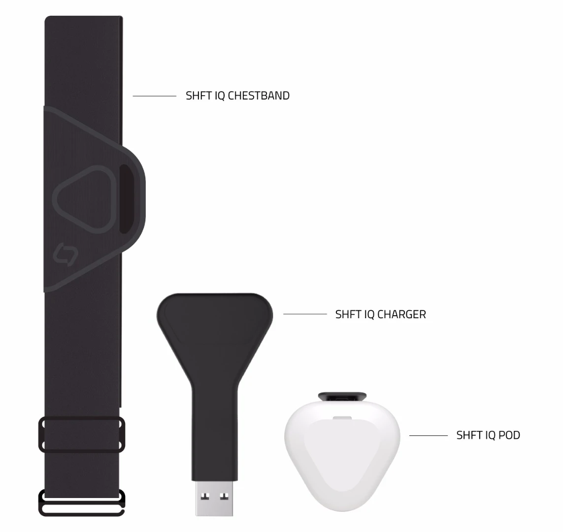 The Shft IQ comes with a custom USB charger and a chest strap