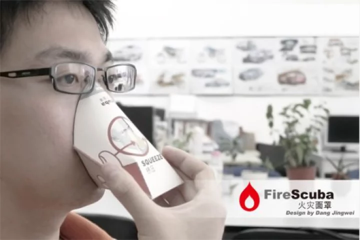 The Firescuba is a cardboard cup-shaped device that, when fitted, allows users to breathe through a carbon filter, and is designed to be used a in a fire-related emergency