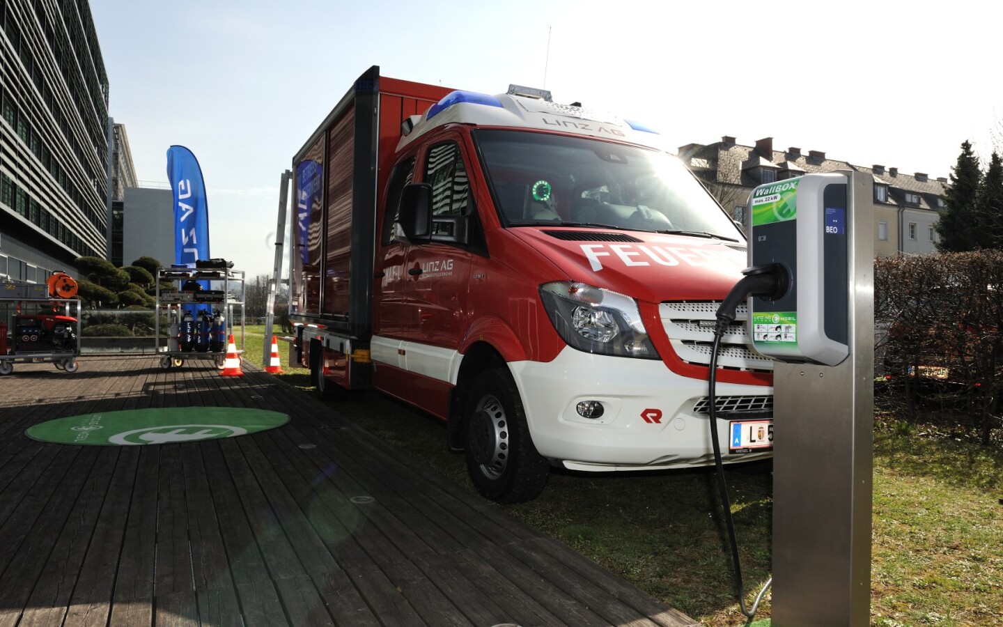 The electric fire truck's range is estimated to be 160 km per charge