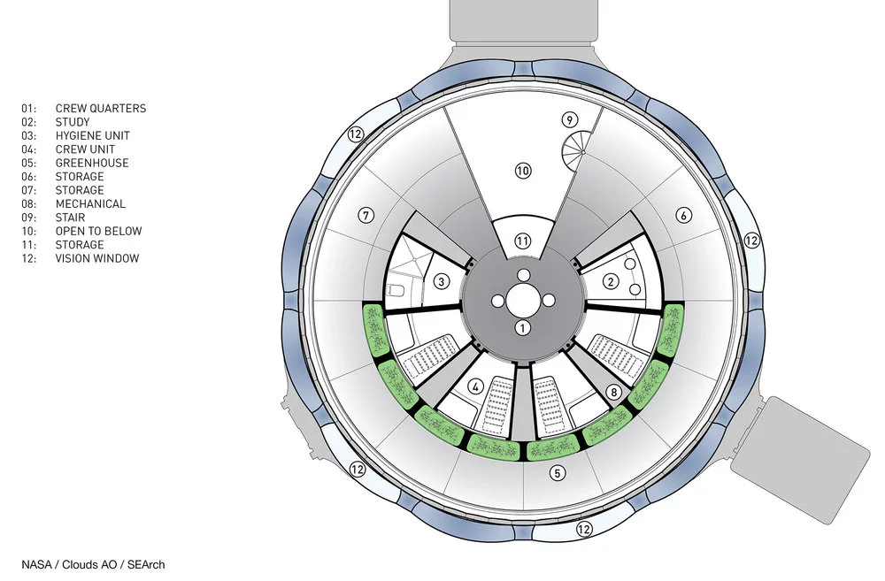 Layout of the second-storey of the Ice Home, which includes provisions for micro-farning