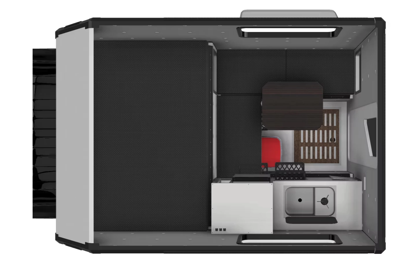 Floor plan with kitchen, wet bathroom, adjustable table, L-shaped sofa seating and Dometic NRX fridge/freezer console