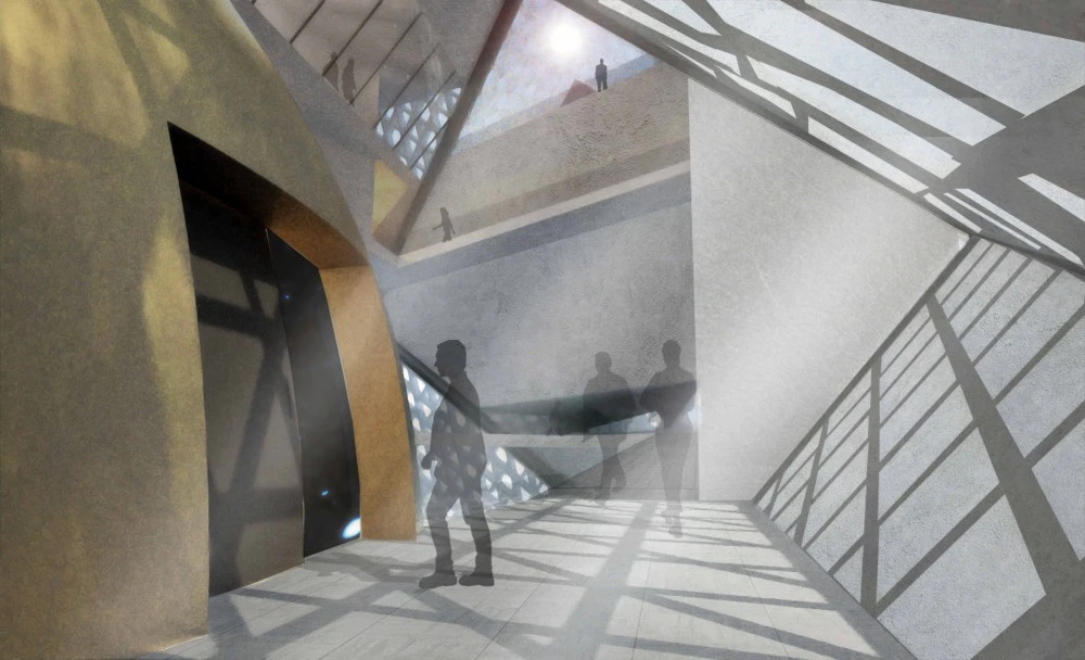 The structure's interior boasts a multi-level space that is connected through a central point (image: OODA)