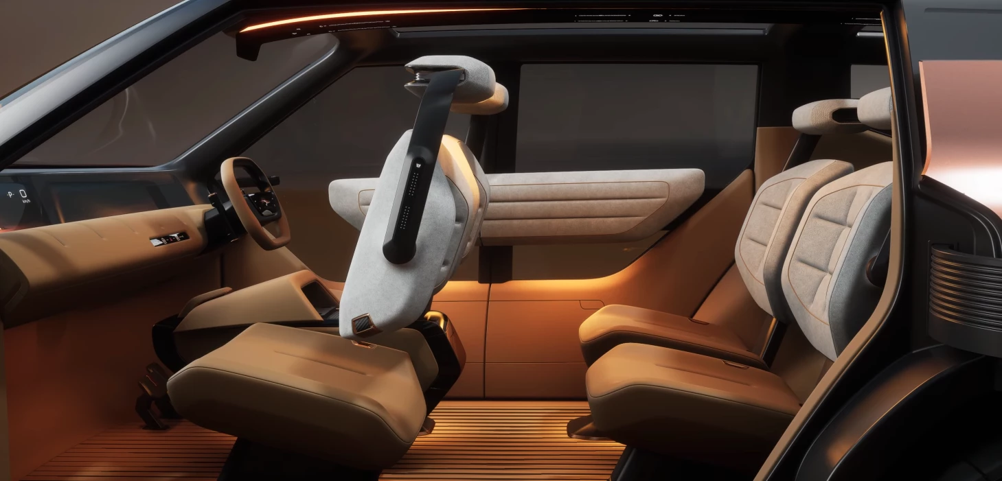 A different style of turnaround RV seat, the Elevance concept SUV's front seats use a pivoting seat back as a lighter alternative to full-seat swivel capability