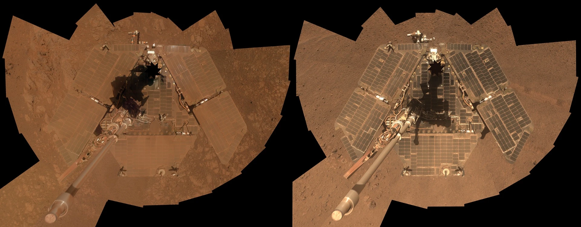 Before and after images showing how Martian winds blew accumulated dust off Opportunity's solar panels