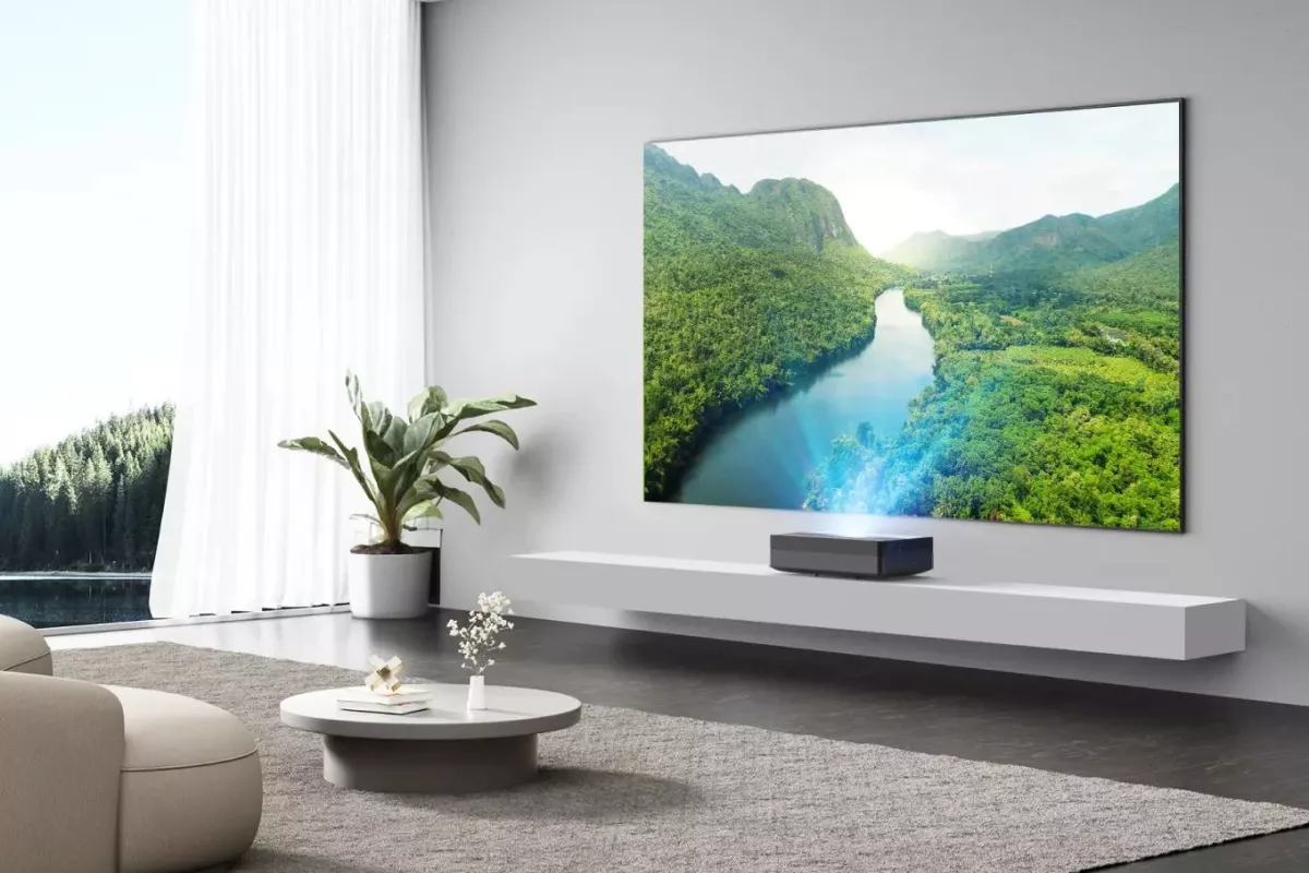 The Thor T50 Laser TV can throw 80-inch corner-to-corner visuals from 4 inches away from the display surface, or 150 inches from 25.9 inches away