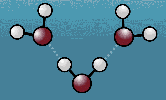 Animation shows hydrogen atoms (white) tug at oxygen atoms (red) in neighboring water molecules