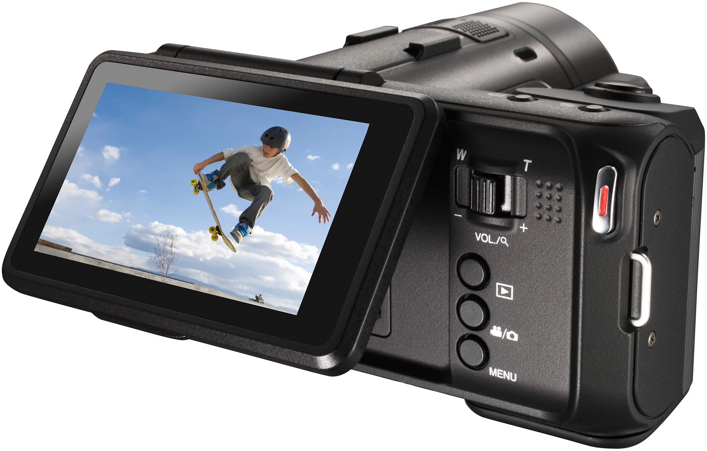 To the rear of the camera is a 230,000 dot resolution, 3-inch tilting touch panel monitor with the zoom/volume control at the top right