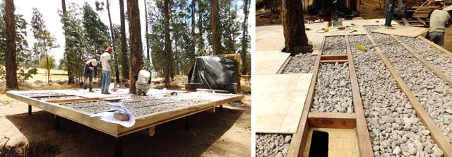 The lower slab is filled with volcanic pumice to provide superior insulation and thermal inertia