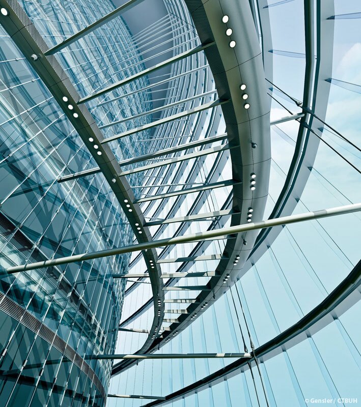 Its double-layered glass skin improves insulation and allows plenty of natural light to permeate inside
