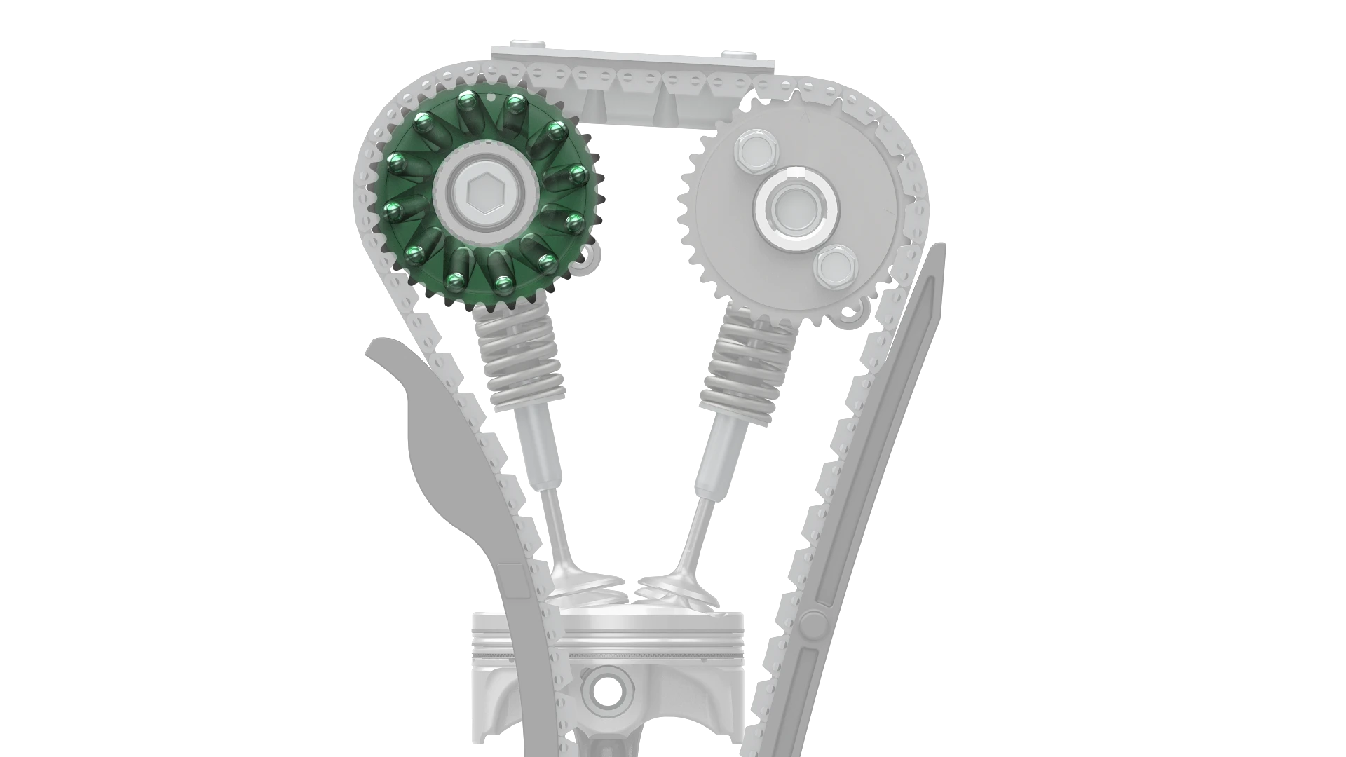 The Suzuki Variable Valve Timing system of the 2017 GSX-R1000/R in high rpm. The balls move towards the outer part of the cam sprocket, where they align with a metal plate next to it and cause a small rotation of the camshaft, thus altering its timing