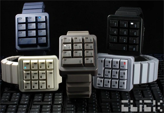 The keypad watch is available in blue, black, brown, white, and grey