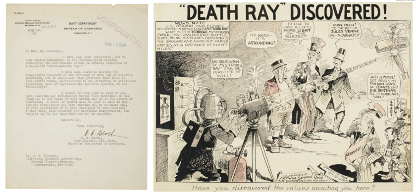 The "Death Ray" cartoon artwork was sold with a letter from Rear Admiral C.C. Bloch of the US Navy addressed to Dr. Whitney, head of the research lab at General Electric, enquiring about the "death ray." The artwork and letter fetched $4,000.