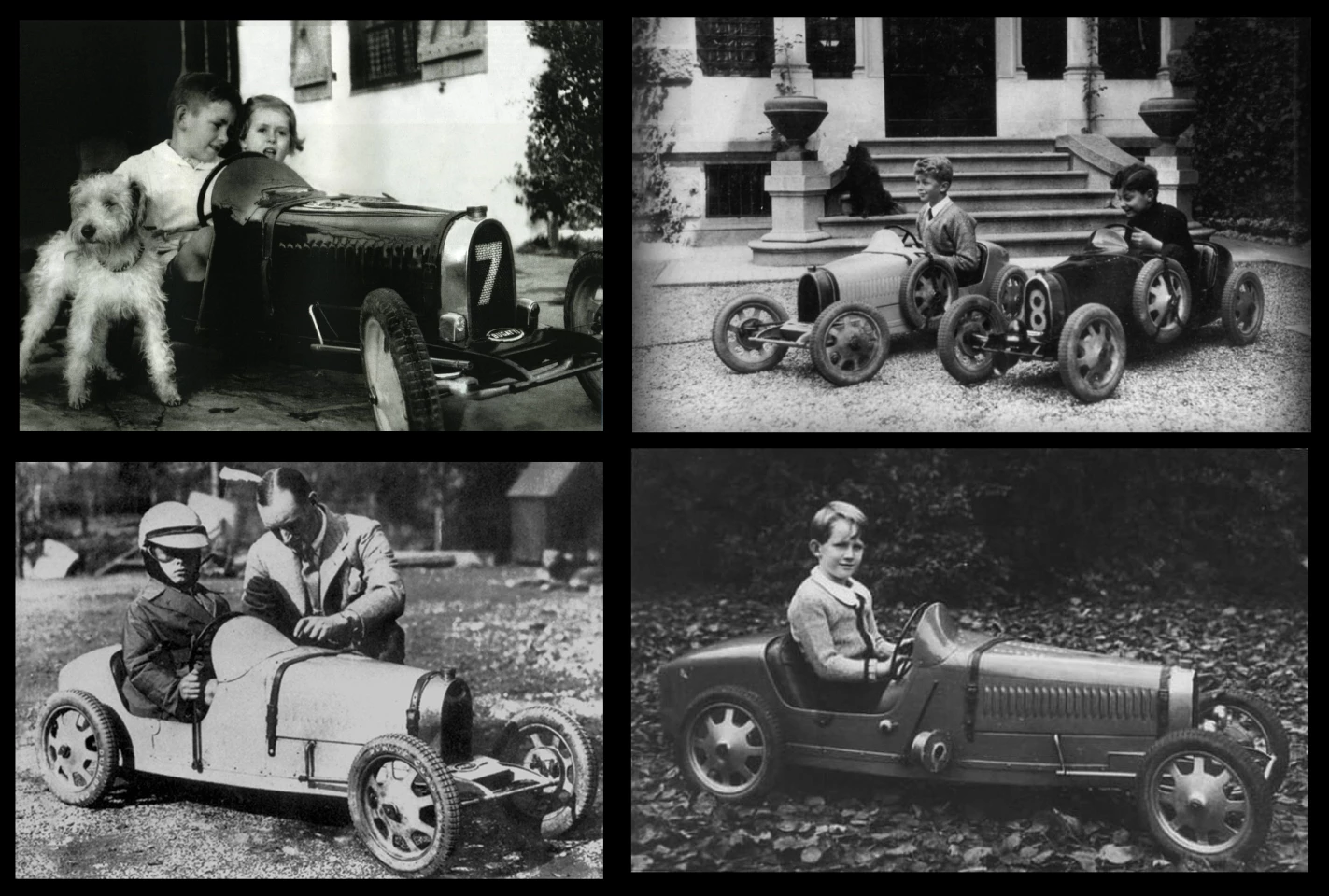 In the late 1920s, newspapers across the world ran images of the children of the wealthy with their new Bugatti babys. Top left: Jackie Forrest Greene with his sister and Bugatti Baby. Jackie's father Eric Forrest Greene won the 1928 500 Millas Argentinas in a Bugatti Type 35. Jackie would go on to become a top international racer after WW2. Top Right: Roland Bugatti and Gianni Agnelli with their Bugatti replicas at Molsheim circa 1929. Agnelli grew up to become a Captain of Industry, at one point controlling 4.4% of Italy's GDP and 3.1% of its workforce. Bottom left: Donald Campbell and his new Bugatti Baby, with his father Sir Malcolm Campbell. Donald went on to break eight world speed records on water and on land in the 1950s and 1960s. Bottom right: The future King Baudouin Of Belgium in his Baby Bugatti circa 1935