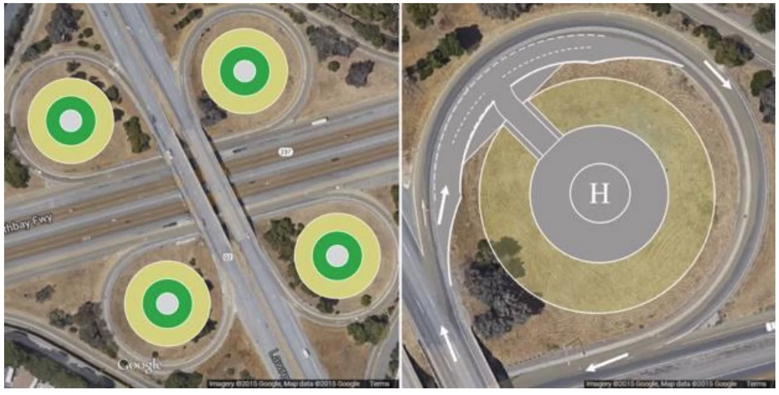 Uber Elevate: vertistops could be built into freeway cloverleaf entry ramp circles, taking advantage of their large diameter and public airspace approach lanes