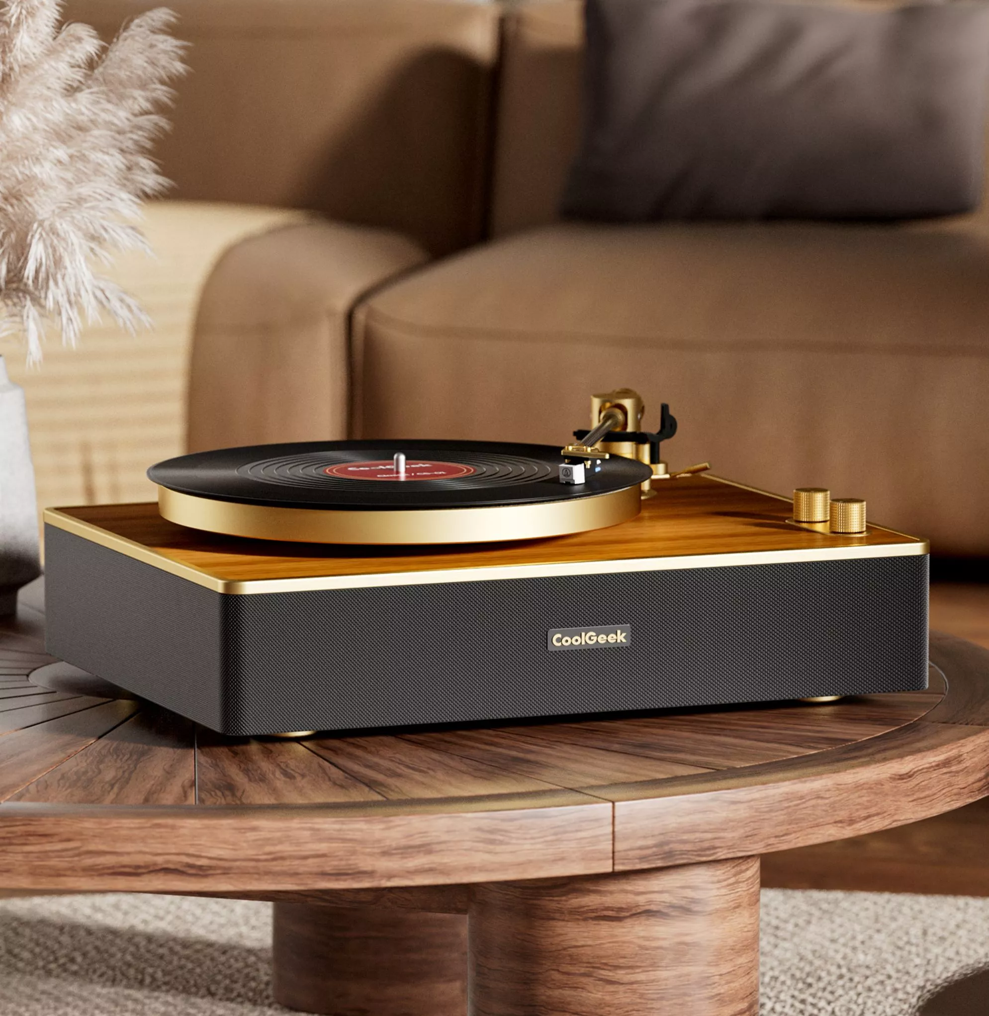 Within the housing below the turntable are two 15-W speakers and two 10-W tweeters driven by two 30-W amps