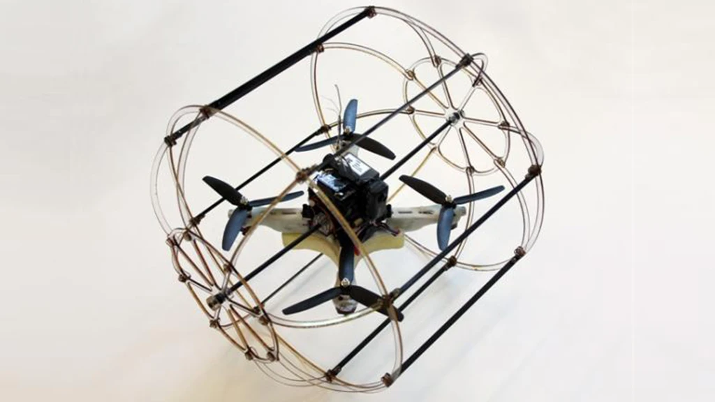 The cylindrical cage of the HyTAQ (Hybrid Terrestrial and Aerial Quadrotor) gives the robot both aerial and rolling terrestrial locomotion capabilities (Photo:
