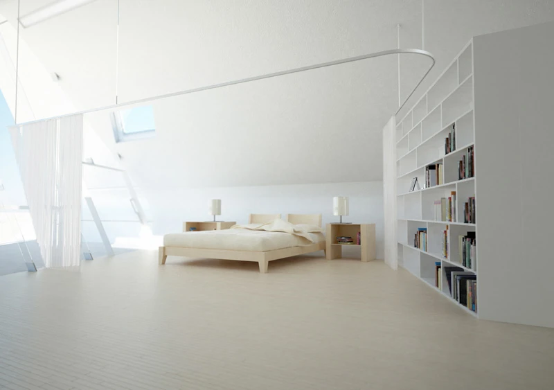 The interior design is left quite minimal, with open clean spaces and living spaces only separated by bookshelves or curtain dividers (image from Violent Volumes)