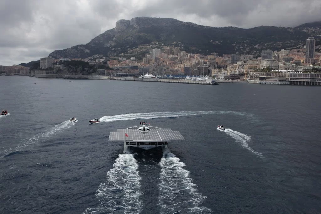 The TURANOR PlanetSolar, as it enters Monaco's Hercule Harbor