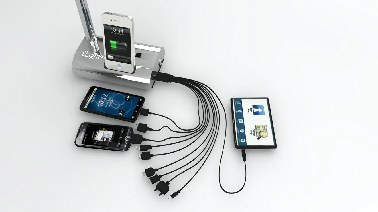 The t'Light comes with multi-tip connection cables for various brand mobile phones and notebooks