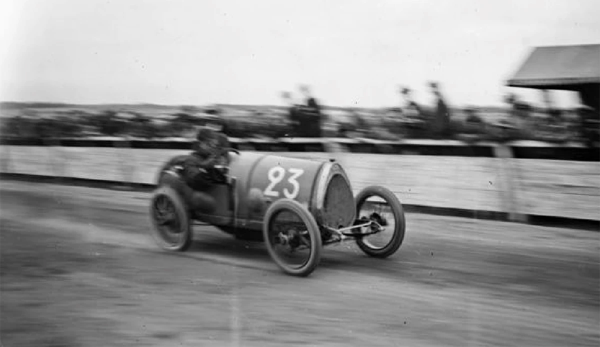 Friedrich at speed in his Bugatti T13 during the Le Mans race of 1920