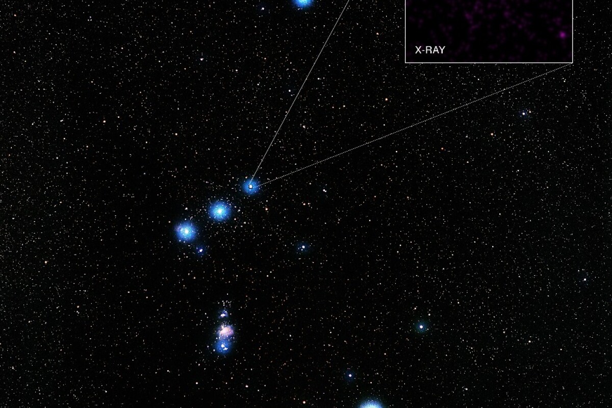 Image of the constellation Orion, with Delta Ori A highlighted in the insert