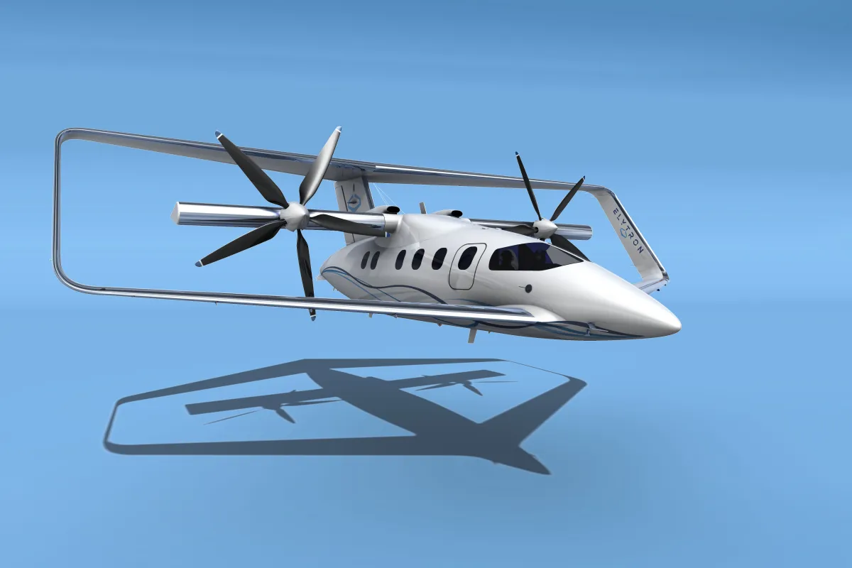 A Elytron 2S (shown here in a proposed seven-seater version) is a tiltrotor aircraft that uses a Prandtl's box wing design