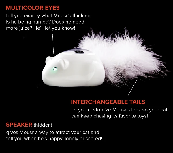 Mousr is, of course, shaped like a mouse, and rests on little wheels powered by an electric motor
