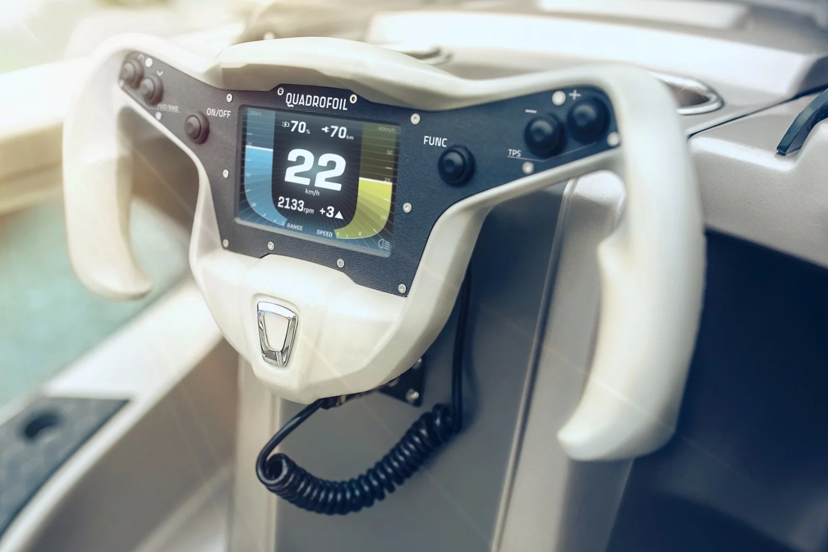 The Quadrofoil Q2 has a Formula One-inspired steering wheel with a color touchscreen display