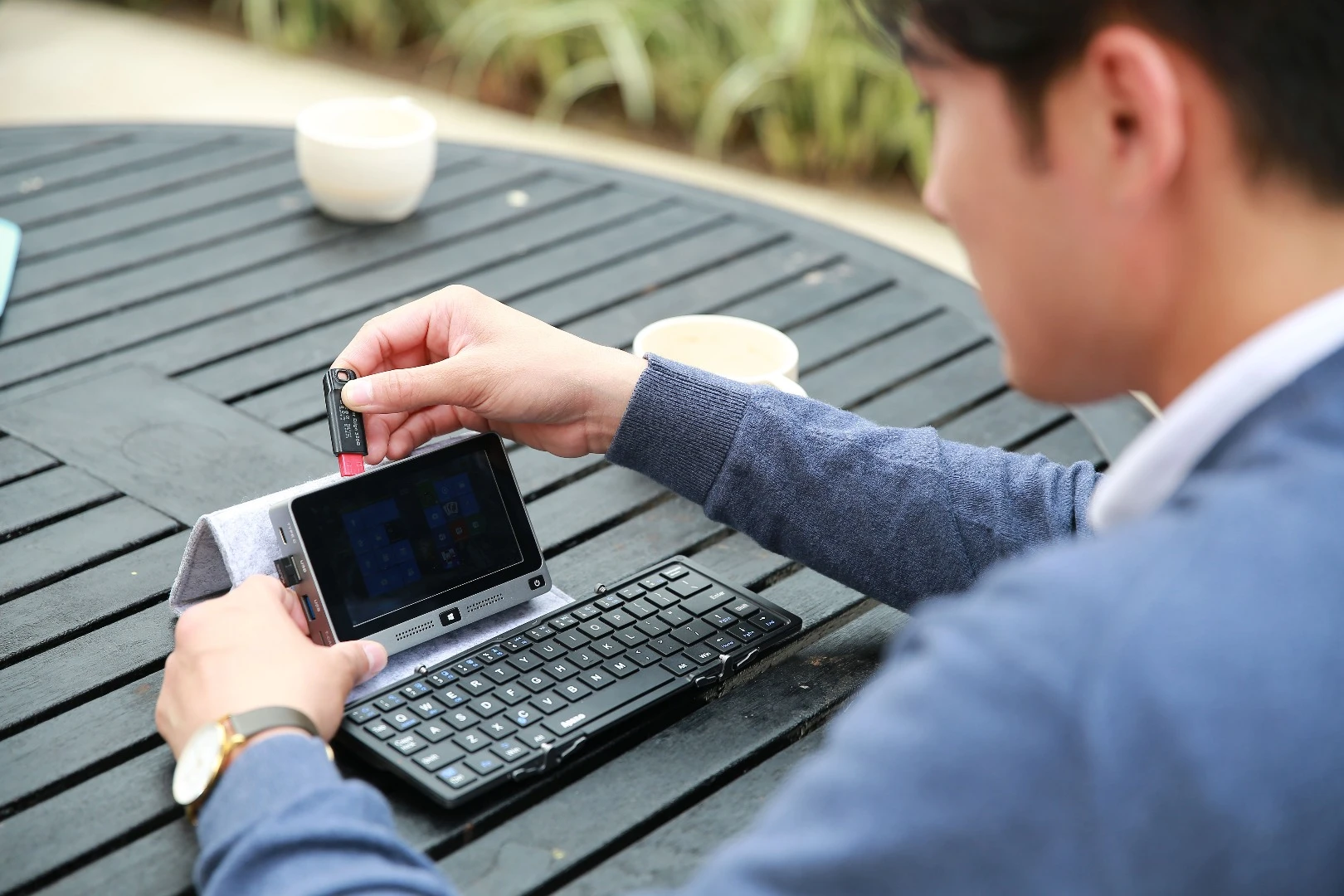 The MiniPC is supplied with a folding Bluetooth keyboard