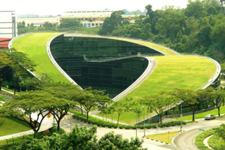 The School of Art, Design & Media at Nanyang Technological University campus in Singapore featuring a turfed rooftop.