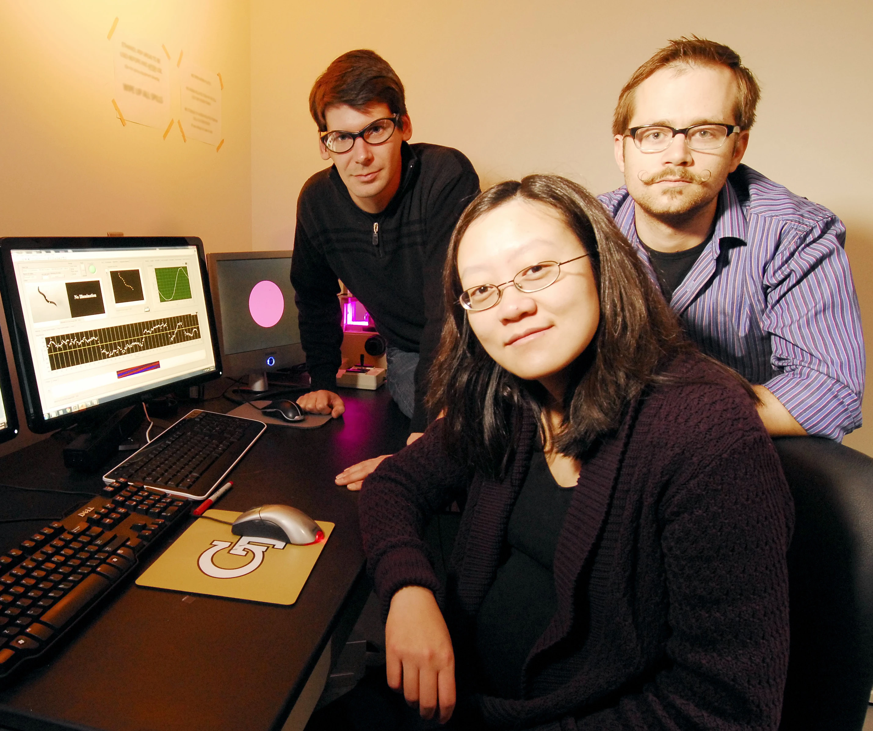 Georgia Tech graduate student Jeffrey Stirman, School of Chemical & Biomolecular Engineering associate professor Hang Lu, and graduate student Matthew Crane (left-right) (Image: Gary Meek)