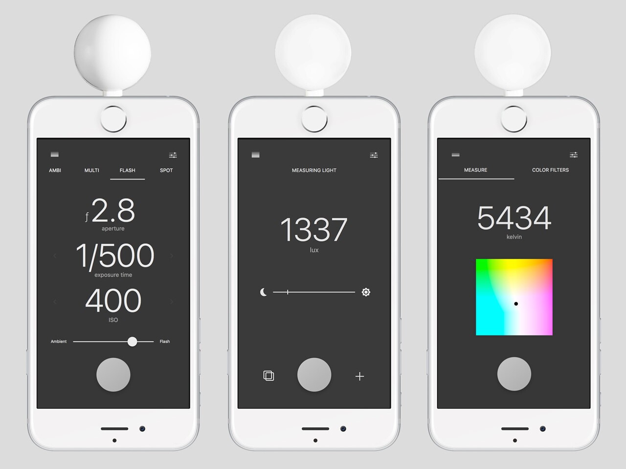 A minimalist app is used as the main interface for the Lumu Power light meter