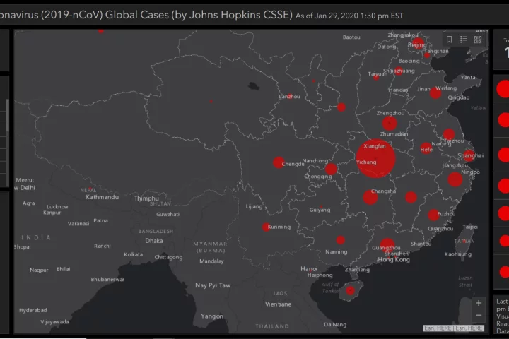 A still from the dashboard showing cases of the Wuhan coronavirus – the map is regularly updated with new data