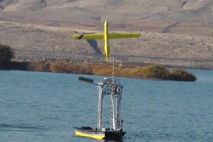 The Flexrotor UAV takes off autonomously from the skiff