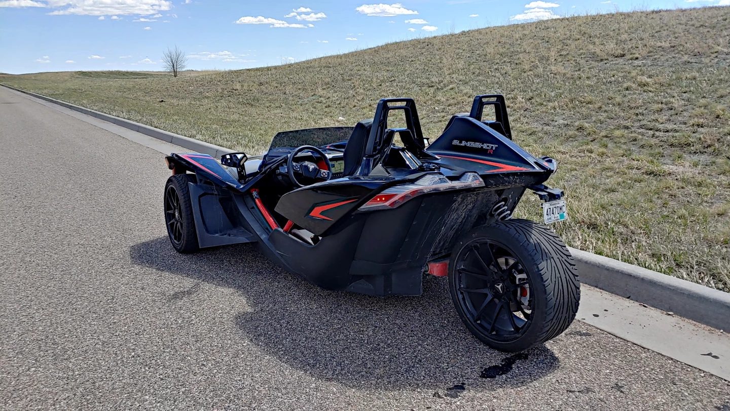The Polaris Slingshot accelerates extremely quickly with all of its power transferring to the single rear 305mm tire via a belt