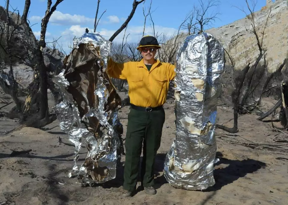 A conventional fire shelter after exposure to the heat of a forest fire (left) as compared to the Fire Blanket