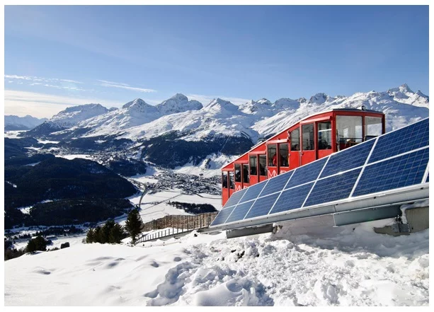 Electricity is generated by a photovoltaic system that extends 228 metres (741 ft) along the railway line (image: Romantik Hotel)