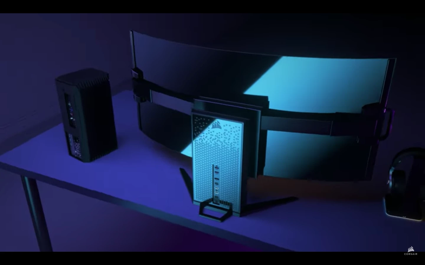 Rendered view of the rear of Corsair's bendable gaming monitor