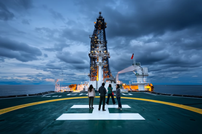 Researchers on the deck of Chikyū, Japan's ultra-advanced drilling ship 