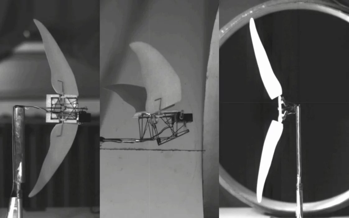 The model was mounted to a two-axes force balance and its combination flight modes observed in wind tunnel tests