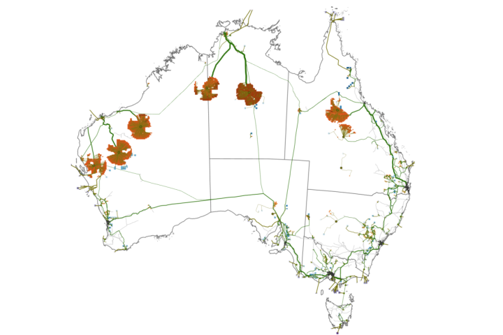 An indication of how much land mass would be needed for solar power in a decarbonized 2060 version of Australia that maintains its energy exports