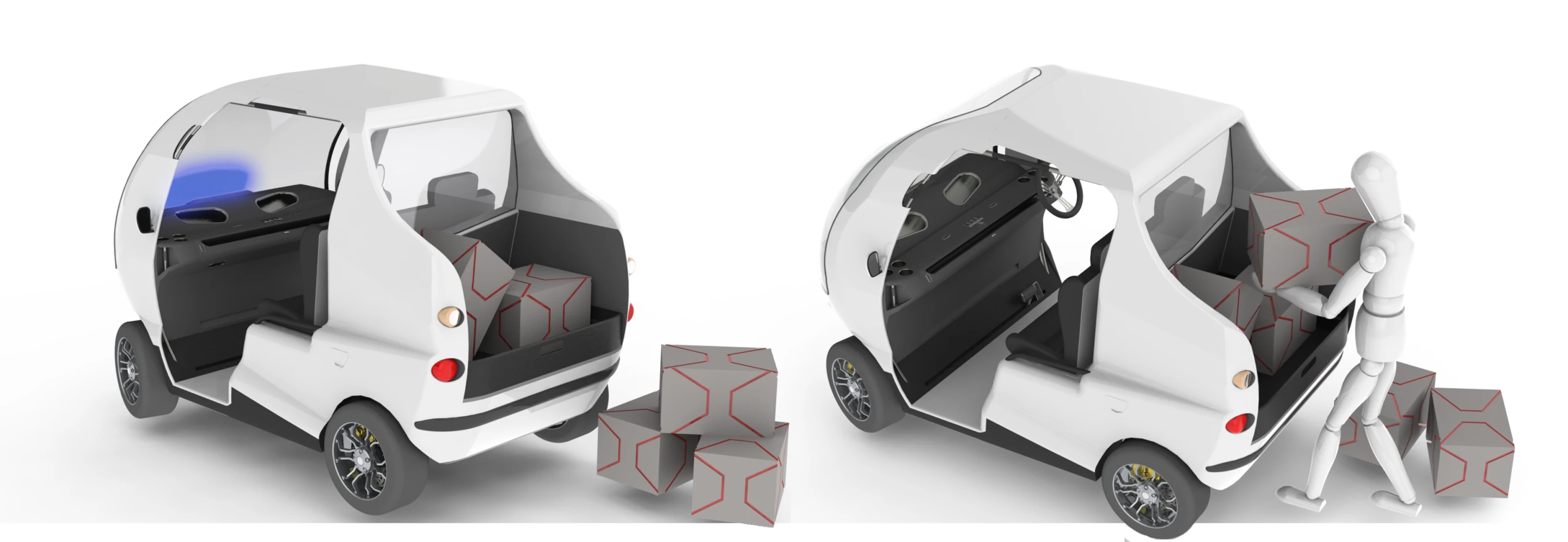 The Bug-E multi-purpose electric vehicle features four interchangeable rear storage modules