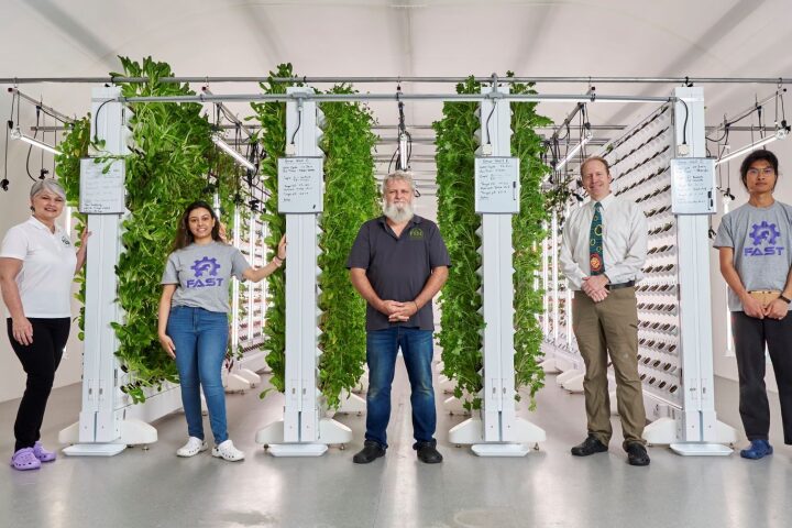 Inside the Agrotunnel - from left to right: Food Security Structures president and CEO Kim Parker, Agrotunnel operations manager Amita Sharma, Food Security Structures vice-president & chief technology officer Greg Whiteside, John M. Thompson Chair in Information Technology and Innovation Dr. Joshua Peace, and graduate student Max Qian