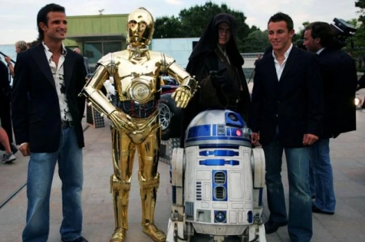 Vitantonio Liuzzi (ITA) Red Bull Racing ; C3-Po; R2-D2 and Christian Klien (AUT) Red Bull Racing at the Red Bull Racing Star Wars Party