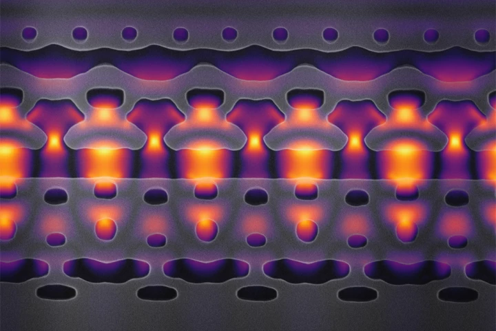 Magnified 25,000 times, this image shows the structure of the channel in Stanford's new particle accelerator-on-a-chip
