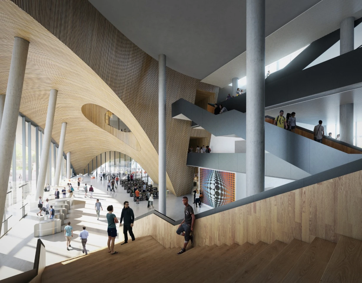 Visitors to the library will be greeted with a large three-story domed atrium lobby, cafe, and an area open 24/7